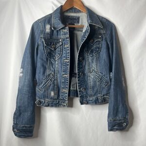 Jou Jou Womens Denim Jean Jacket Small Blue Distressed Crop Ruffle Back